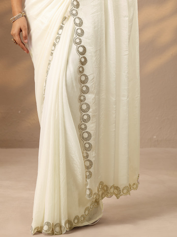 Off White Solid Silk Blend Saree With Unstitched Blouse Piece