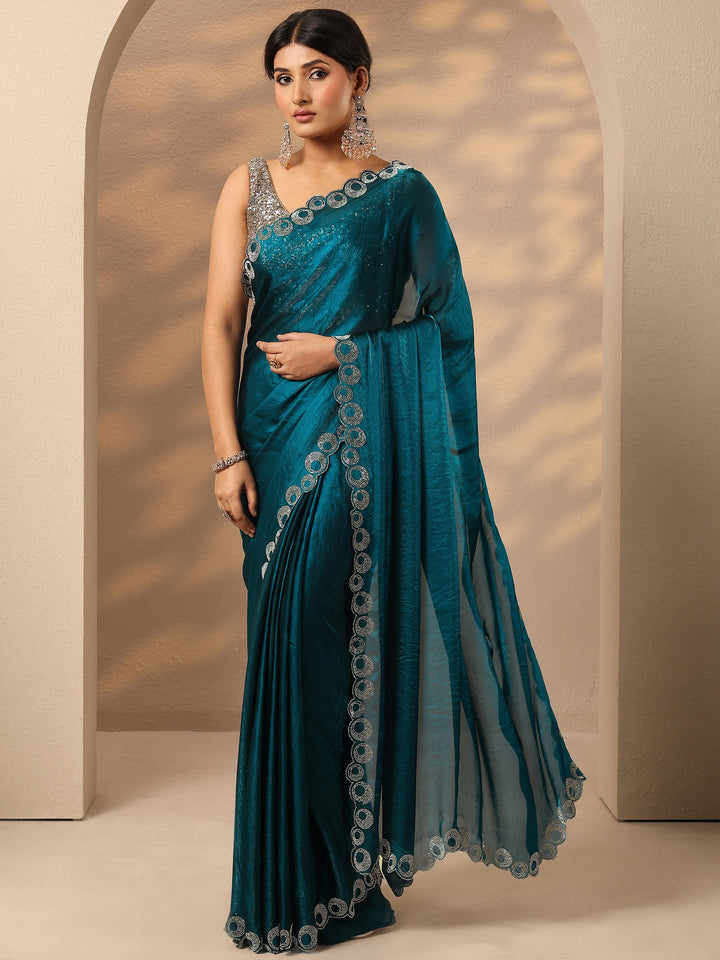 Teal Solid Silk Blend Saree With Unstitched Blouse Piece