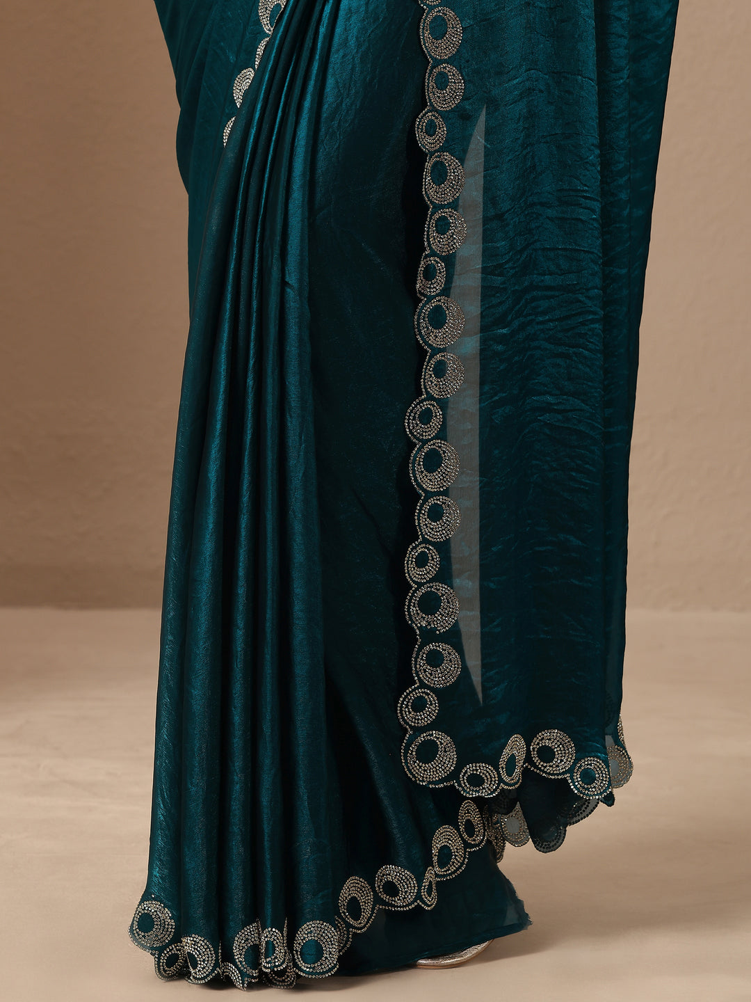 Teal Solid Silk Blend Saree With Unstitched Blouse Piece