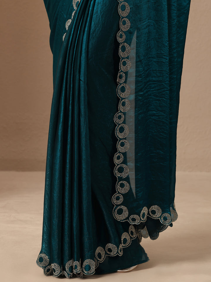 Teal Solid Silk Blend Saree With Unstitched Blouse Piece