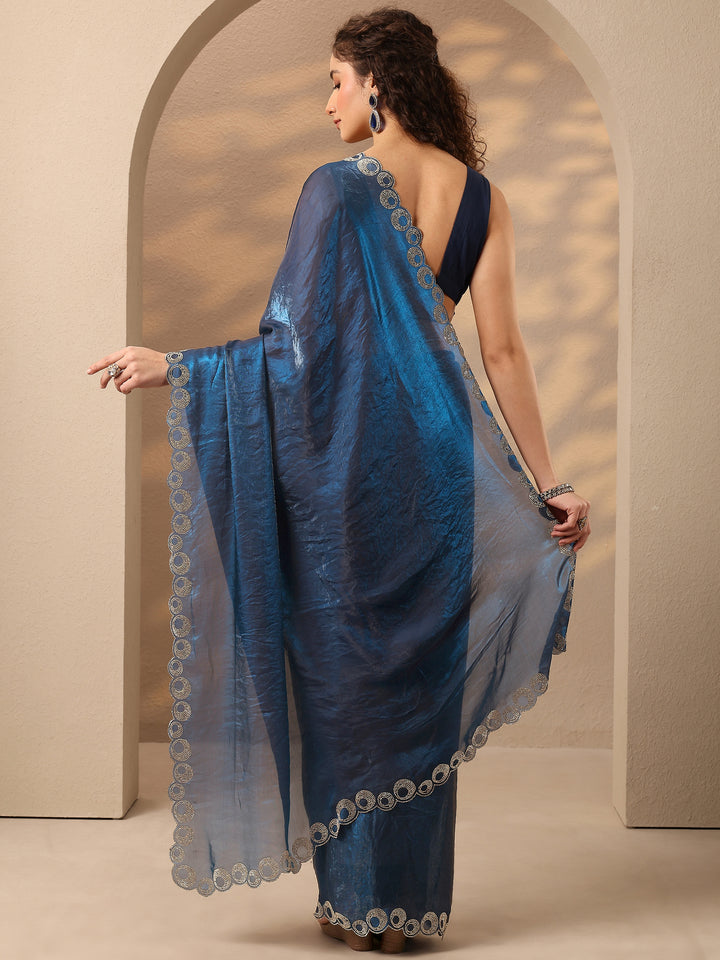 Navy Blue Solid Silk Blend Saree With Unstitched Blouse Piece
