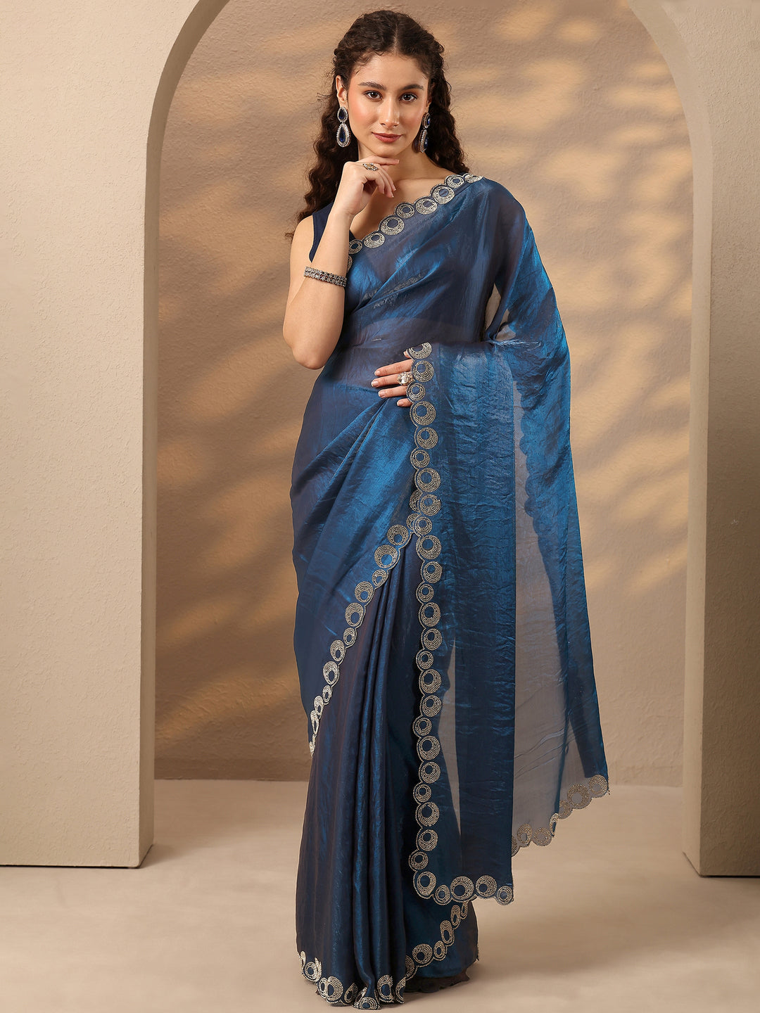Navy Blue Solid Silk Blend Saree With Unstitched Blouse Piece