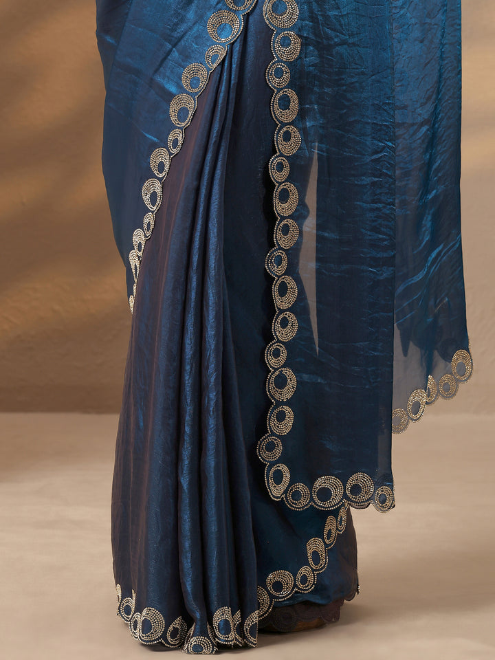 Navy Blue Solid Silk Blend Saree With Unstitched Blouse Piece