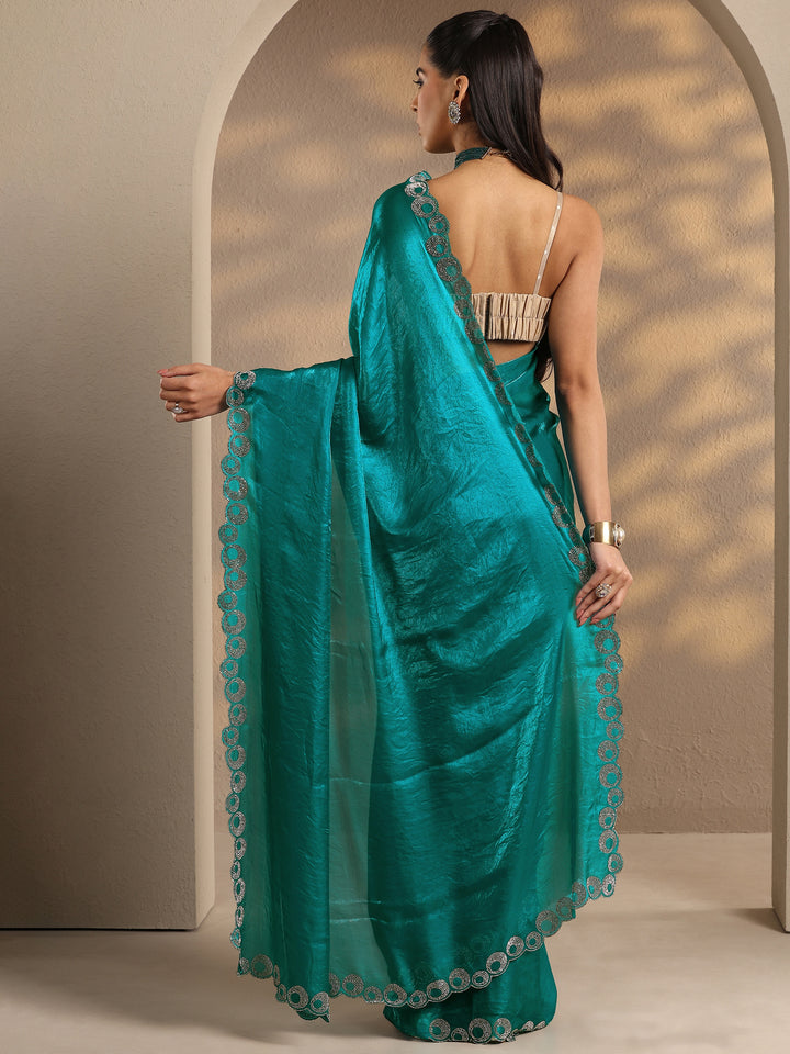 Green Solid Silk Blend Saree With Unstitched Blouse Piece
