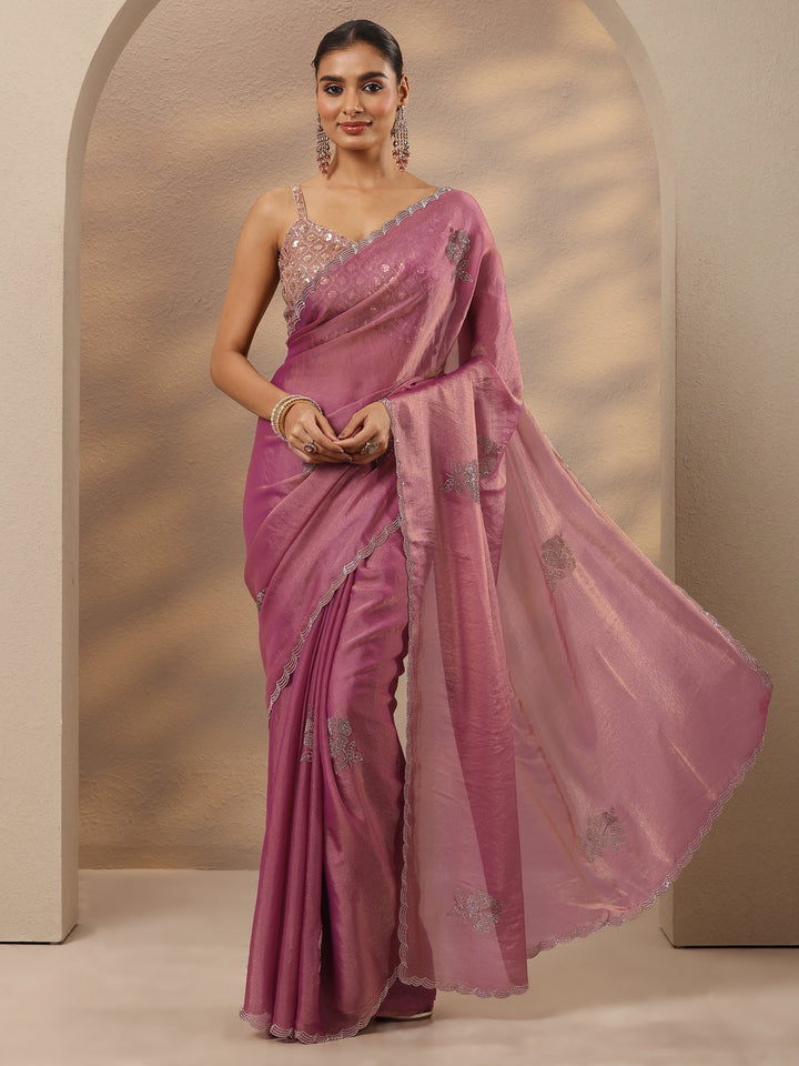 Lavender Embellished Silk Blend Saree With Unstitched Blouse Piece