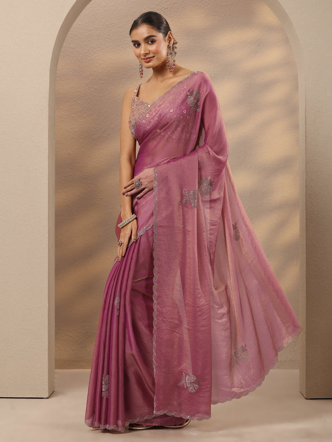 Lavender Embellished Silk Blend Saree With Unstitched Blouse Piece