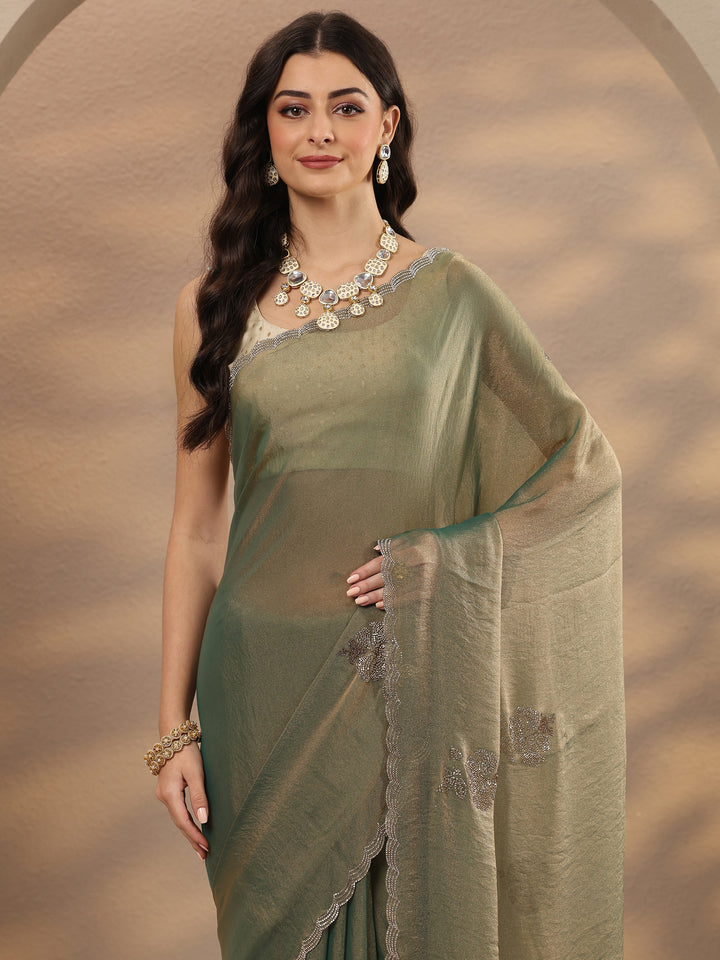 Green Embellished Silk Blend Saree With Unstitched Blouse Piece