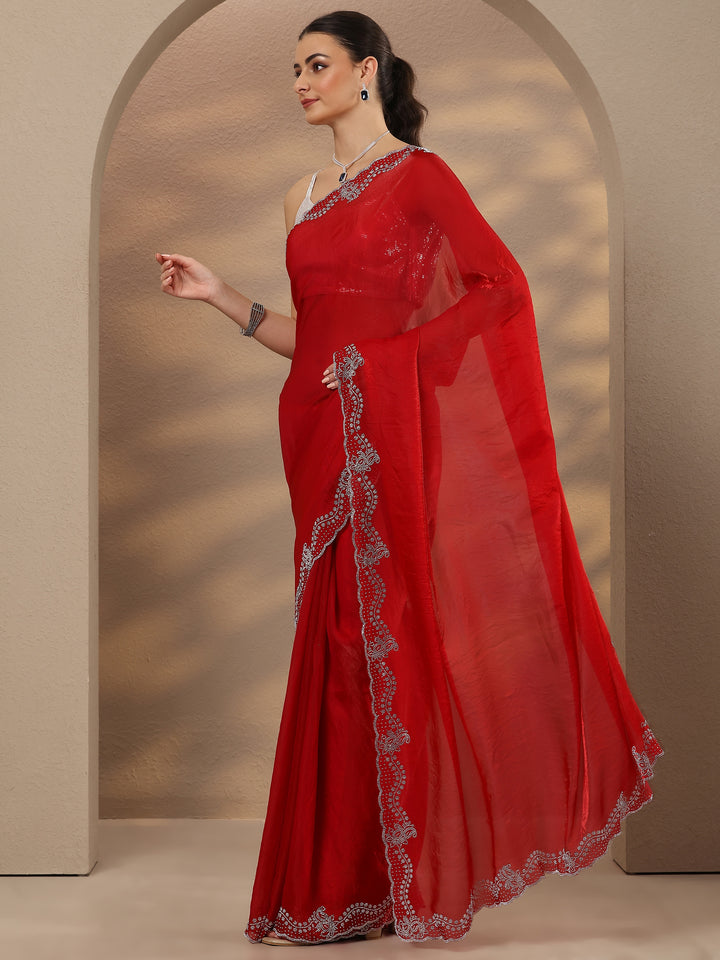 Red Solid Silk Blend Saree With Unstitched Blouse Piece