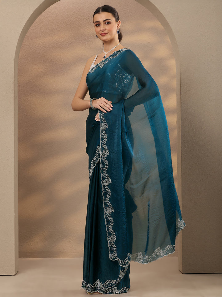 Blue Solid Silk Blend Saree With Unstitched Blouse Piece