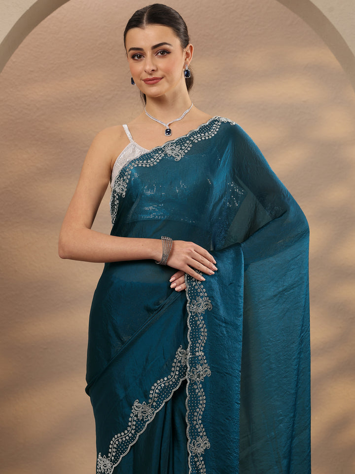 Blue Solid Silk Blend Saree With Unstitched Blouse Piece