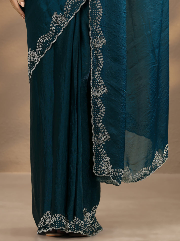 Blue Solid Silk Blend Saree With Unstitched Blouse Piece