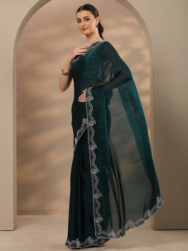 Green Solid Silk Blend Saree With Unstitched Blouse Piece