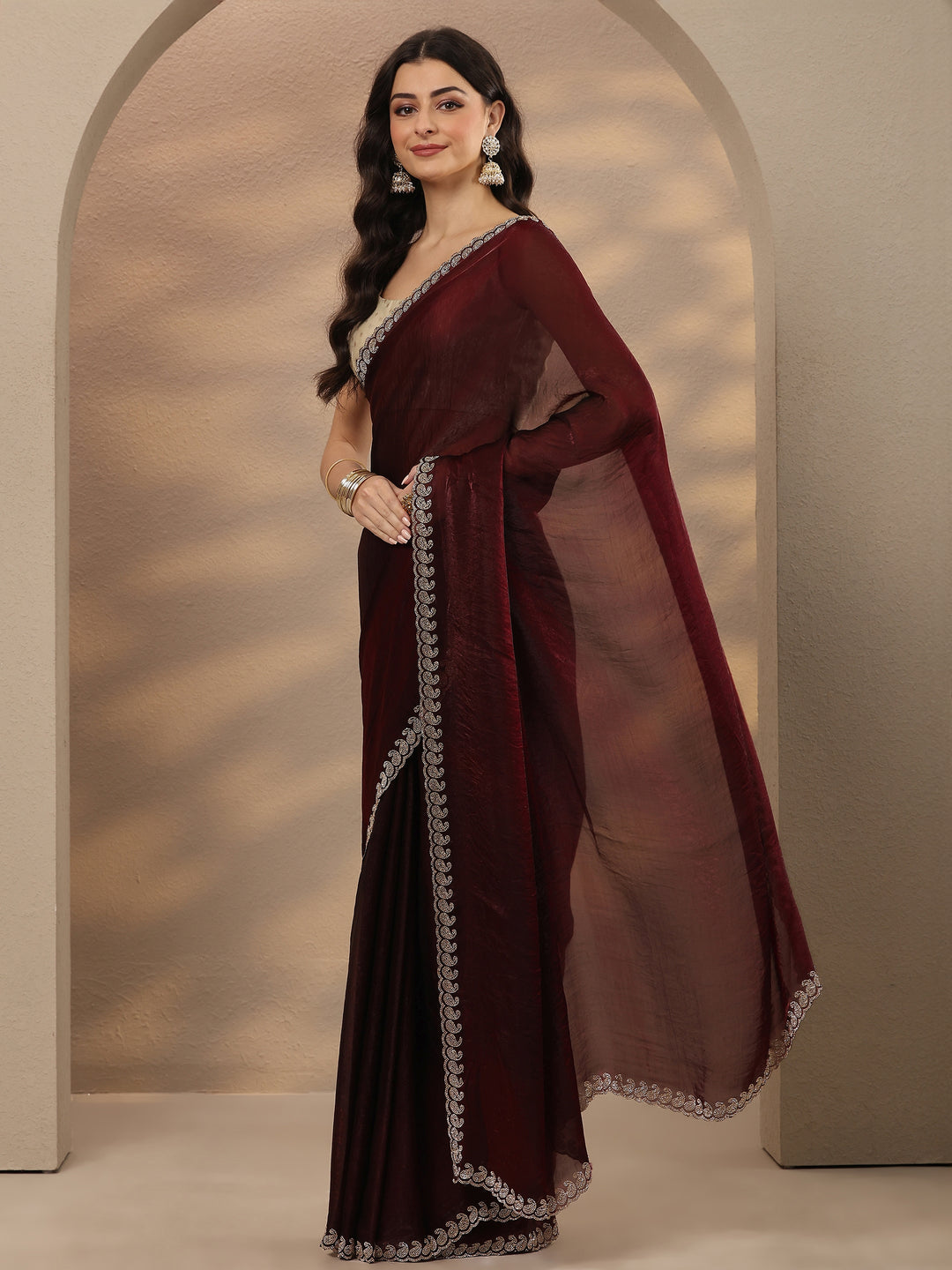 Maroon Solid Silk Blend Saree With Unstitched Blouse Piece