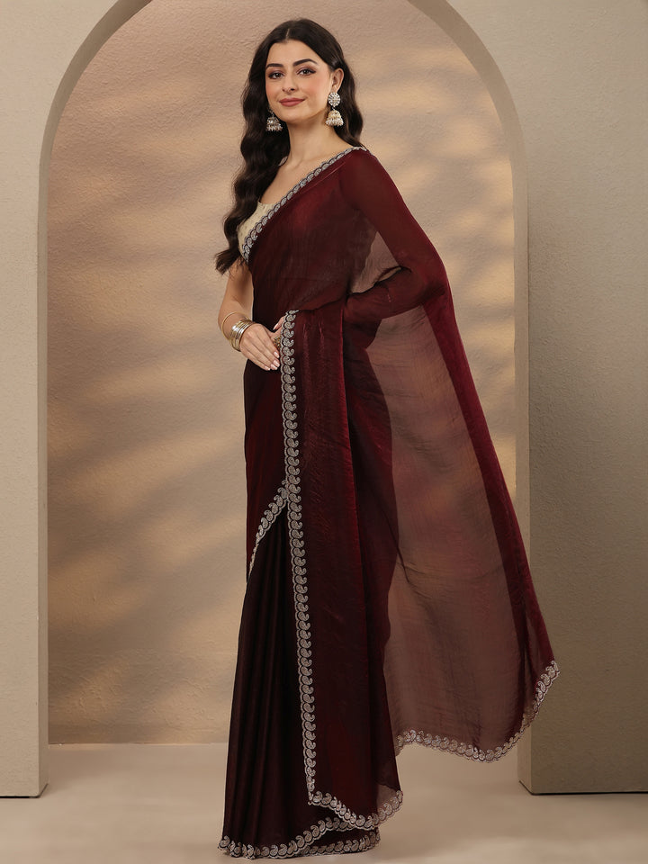 Maroon Solid Silk Blend Saree With Unstitched Blouse Piece