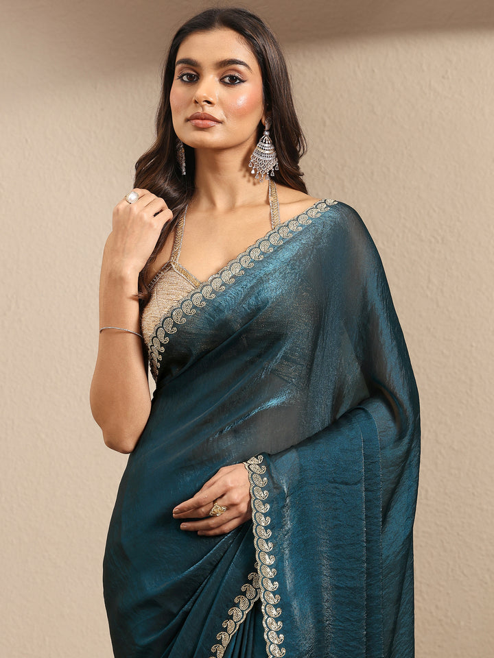 Teal Solid Silk Blend Saree With Unstitched Blouse Piece