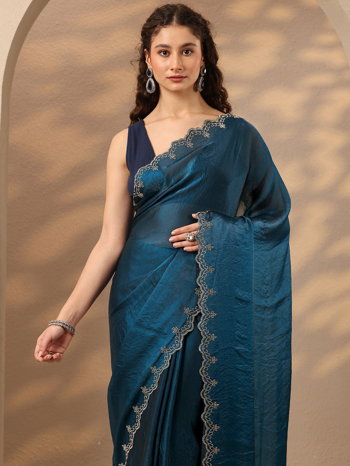 Blue Solid Silk Blend Saree With Unstitched Blouse Piece