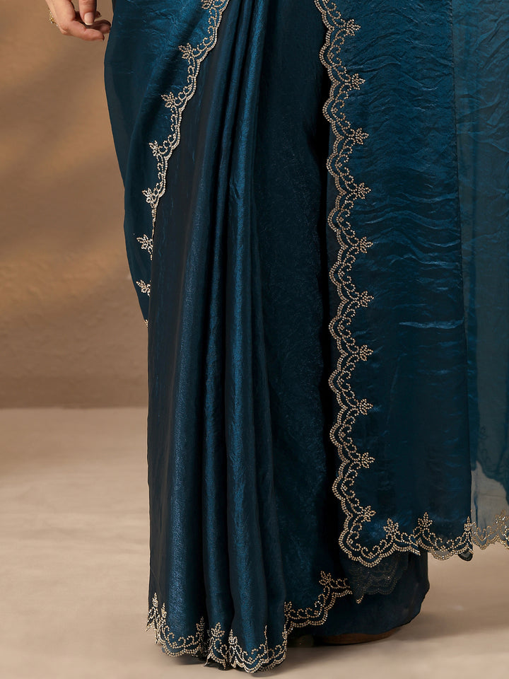 Blue Solid Silk Blend Saree With Unstitched Blouse Piece