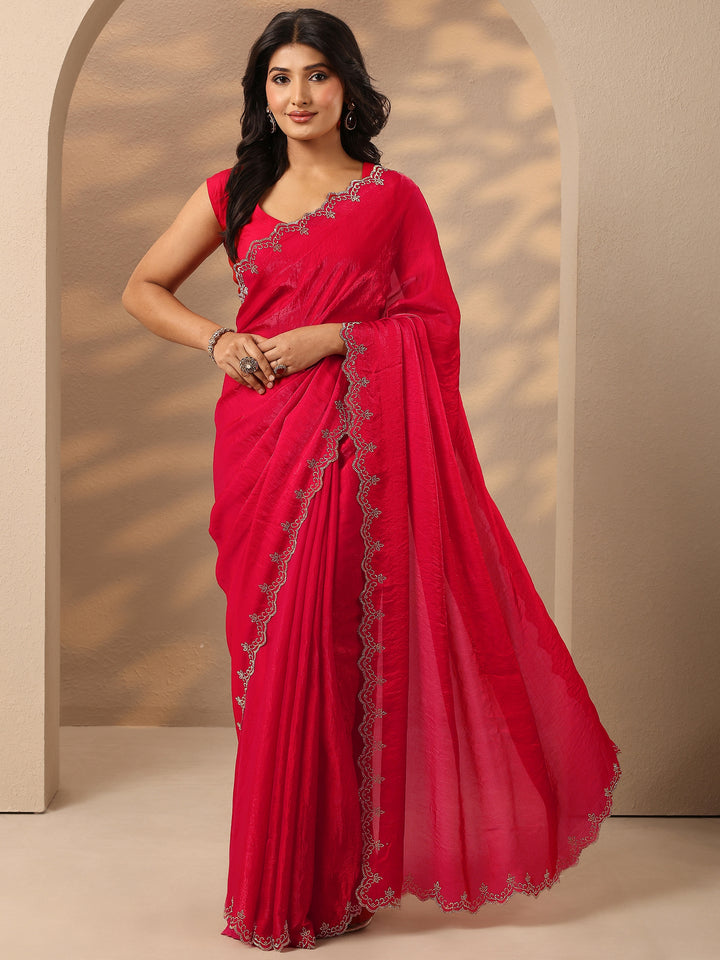 Red Solid Silk Blend Saree With Unstitched Blouse Piece