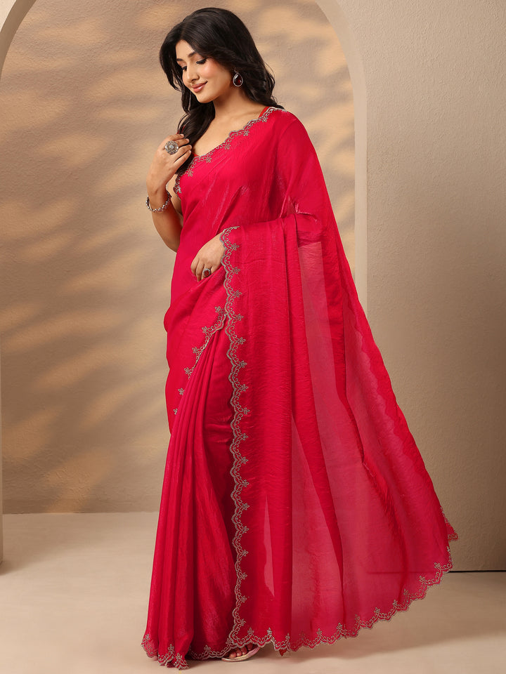 Red Solid Silk Blend Saree With Unstitched Blouse Piece