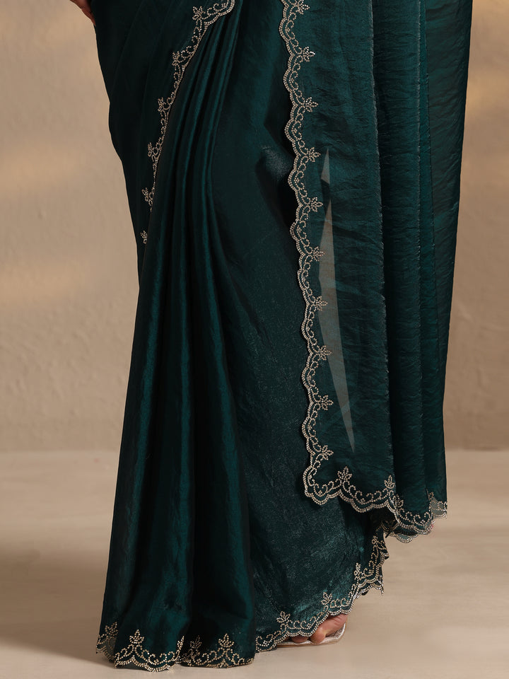 Green Solid Silk Blend Saree With Unstitched Blouse Piece