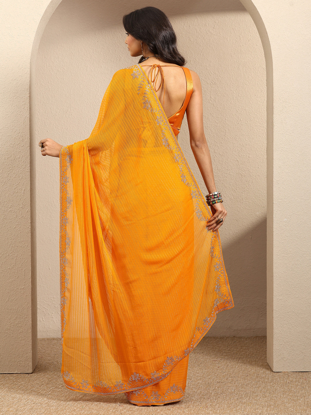 Orange Embellished Georgette Saree With Unstitched Blouse Piece
