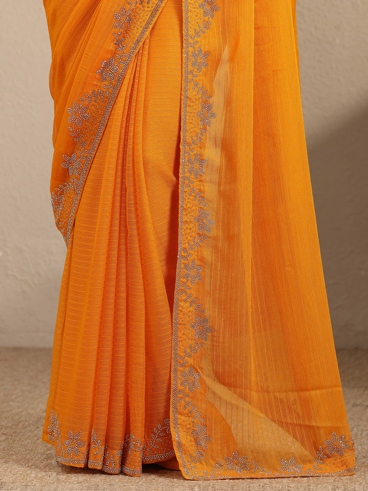 Orange Embellished Georgette Saree With Unstitched Blouse Piece