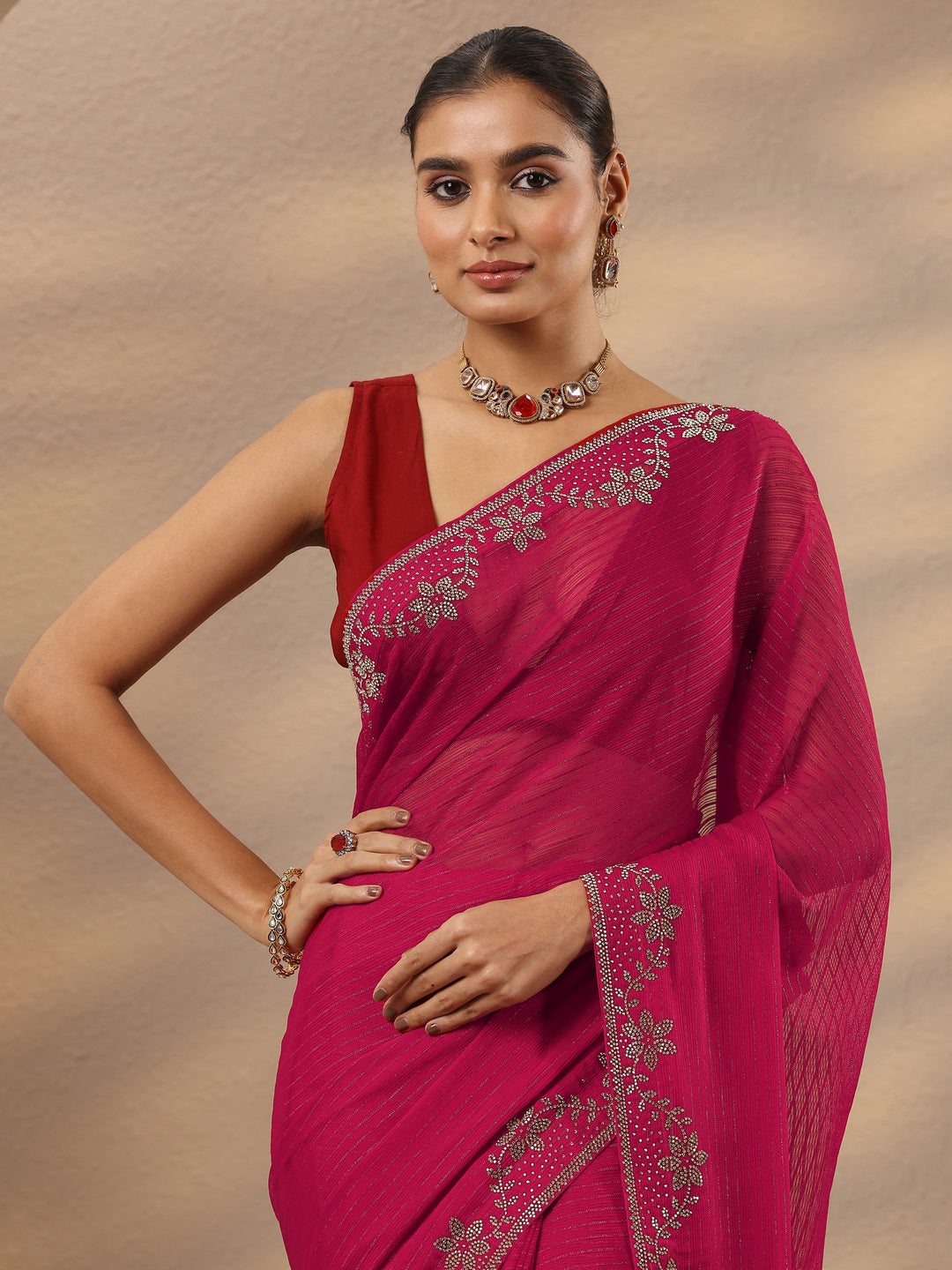 Red Embellished Georgette Saree With Unstitched Blouse Piece