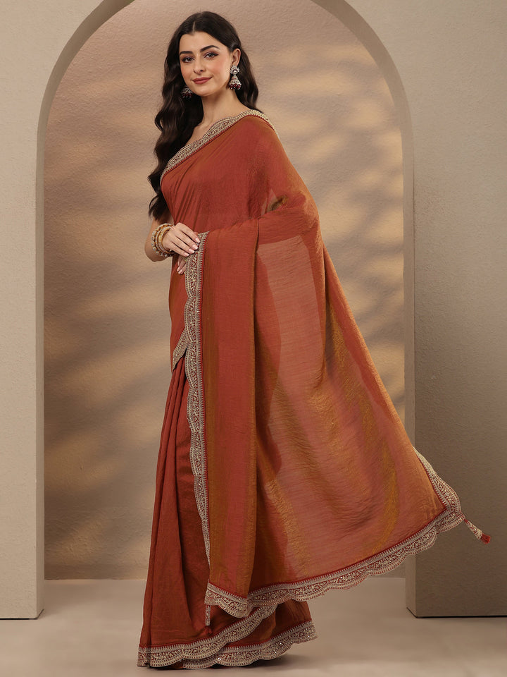 Rust Solid Silk Blend Saree With Unstitched Blouse Piece