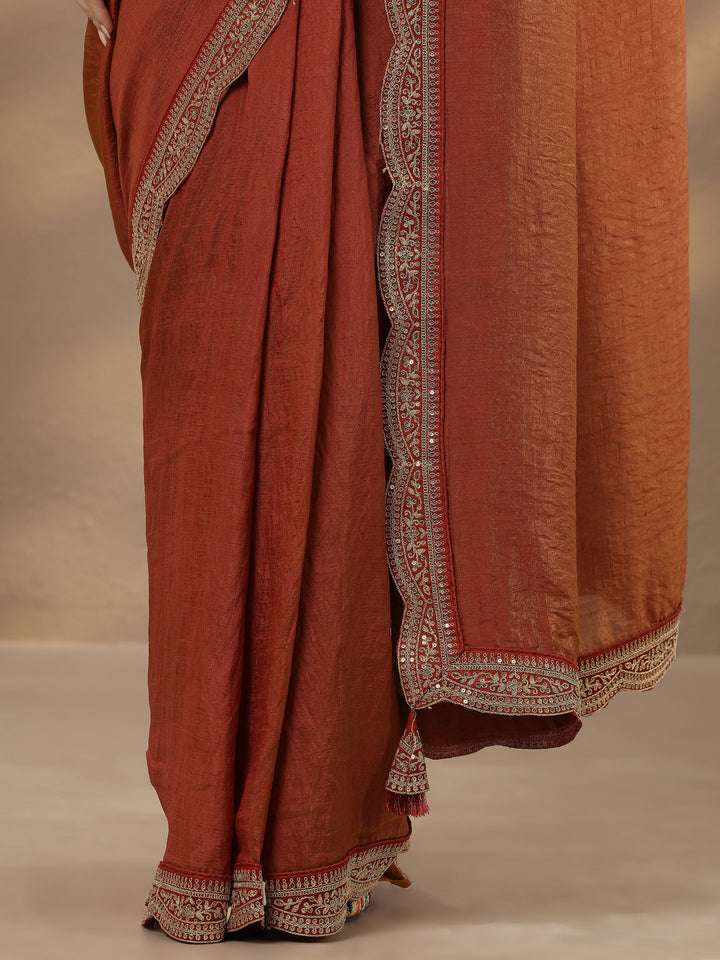Rust Solid Silk Blend Saree With Unstitched Blouse Piece