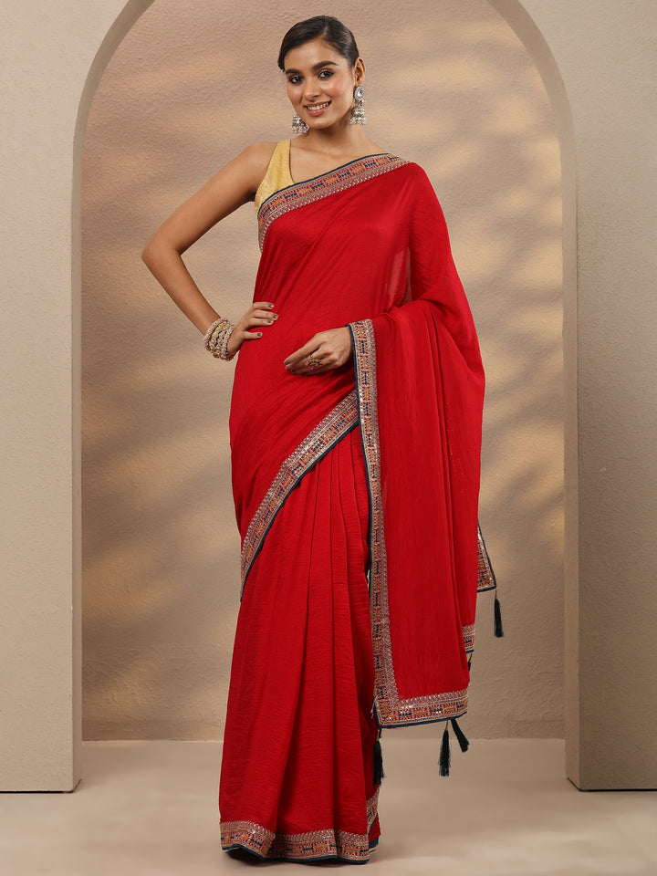 Red Solid Silk Blend Saree With Unstitched Blouse Piece