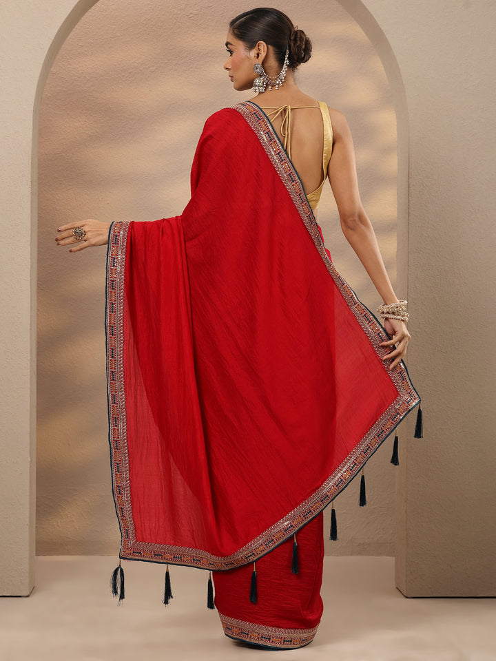 Red Solid Silk Blend Saree With Unstitched Blouse Piece