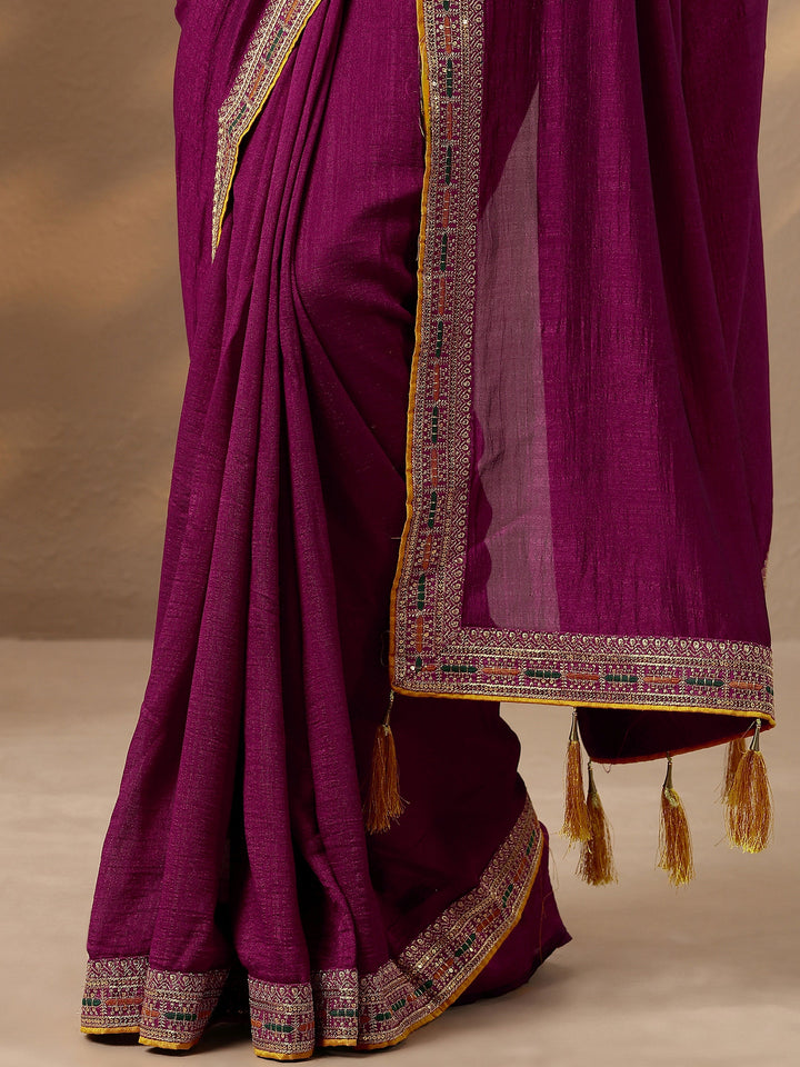 Burgundy Solid Silk Blend Saree With Unstitched Blouse Piece