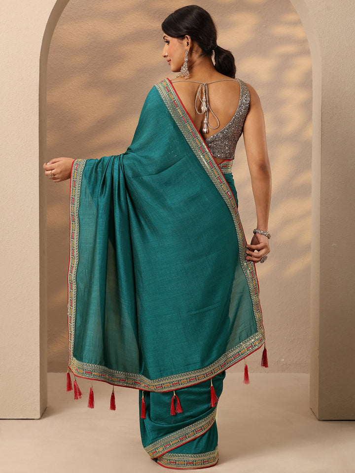 Teal Solid Silk Blend Saree With Unstitched Blouse Piece