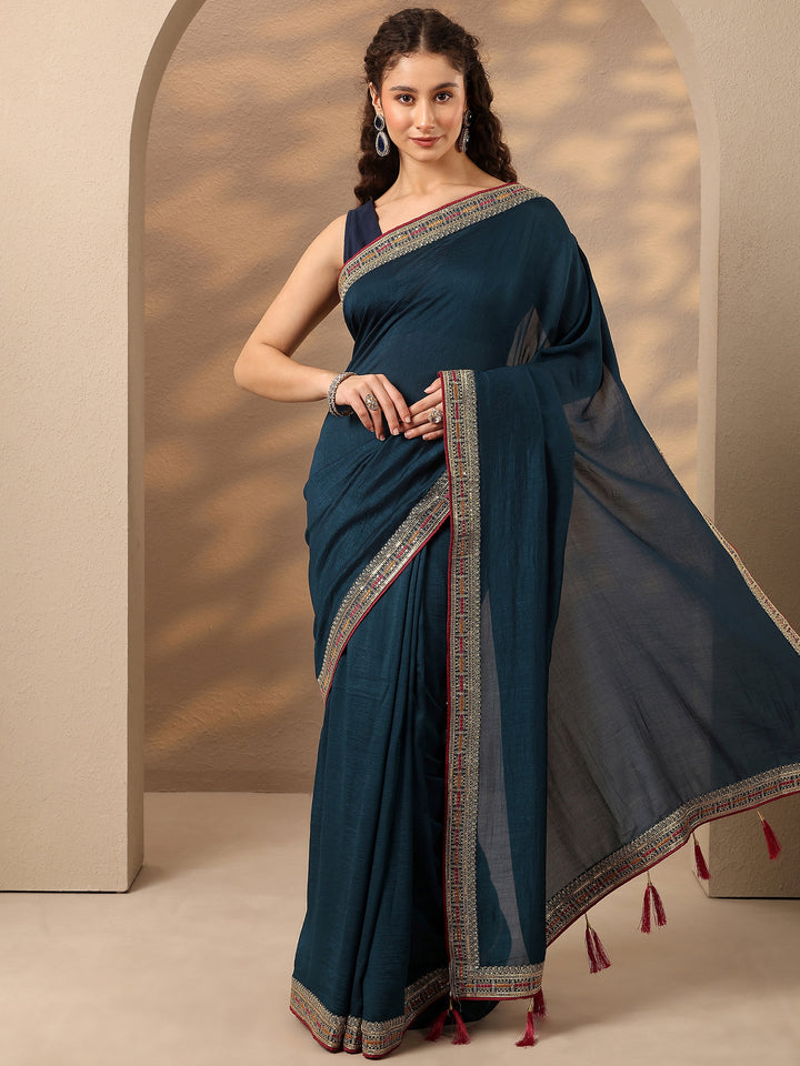 Navy Blue Solid Silk Blend Saree With Unstitched Blouse Piece
