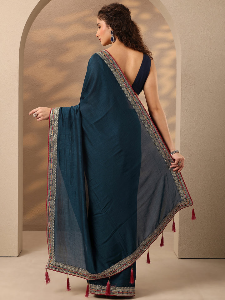 Navy Blue Solid Silk Blend Saree With Unstitched Blouse Piece