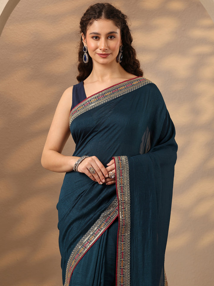Navy Blue Solid Silk Blend Saree With Unstitched Blouse Piece