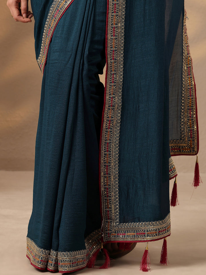 Navy Blue Solid Silk Blend Saree With Unstitched Blouse Piece