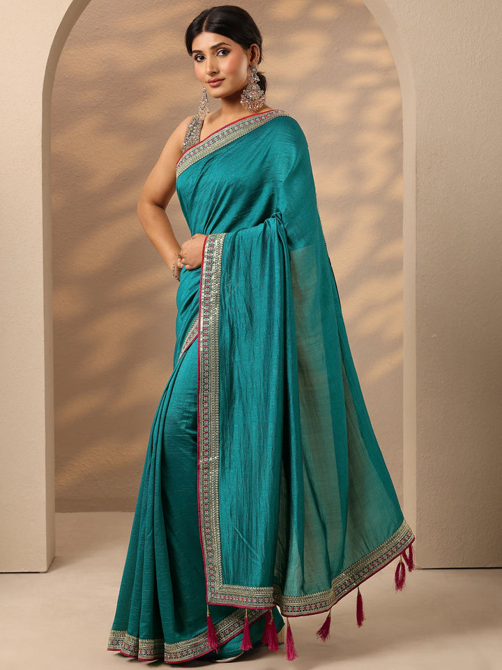 Teal Solid Silk Blend Saree With Unstitched Blouse Piece