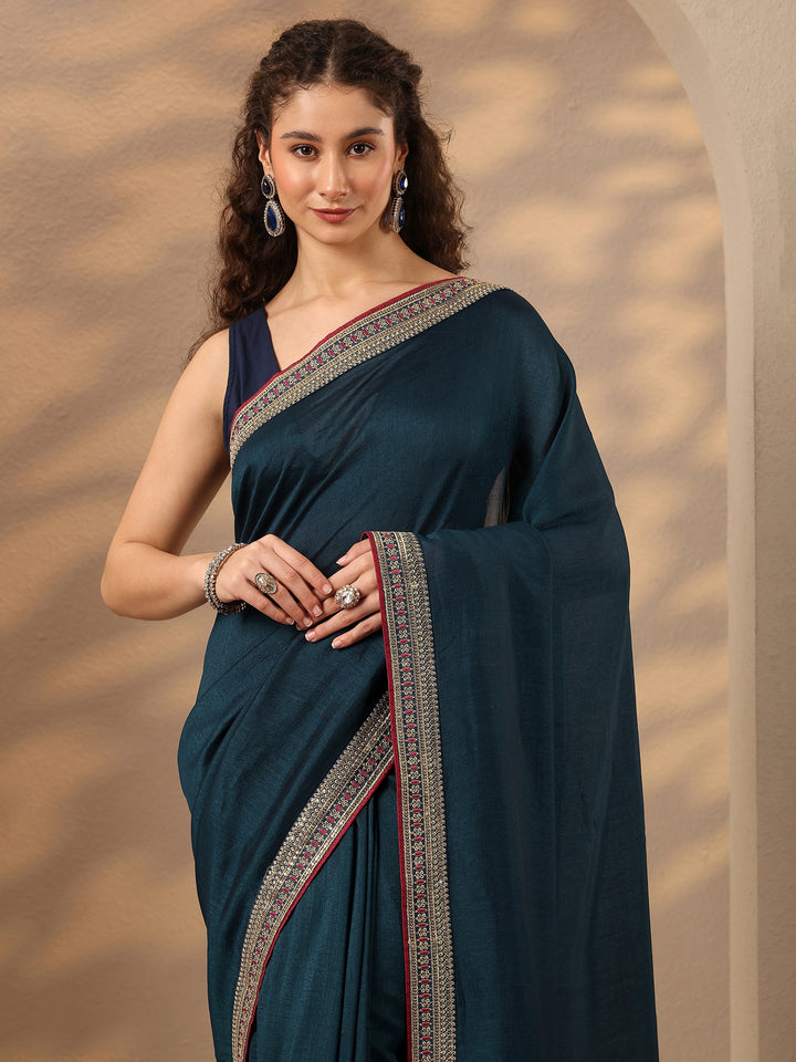 Navy Blue Solid Silk Blend Saree With Unstitched Blouse Piece