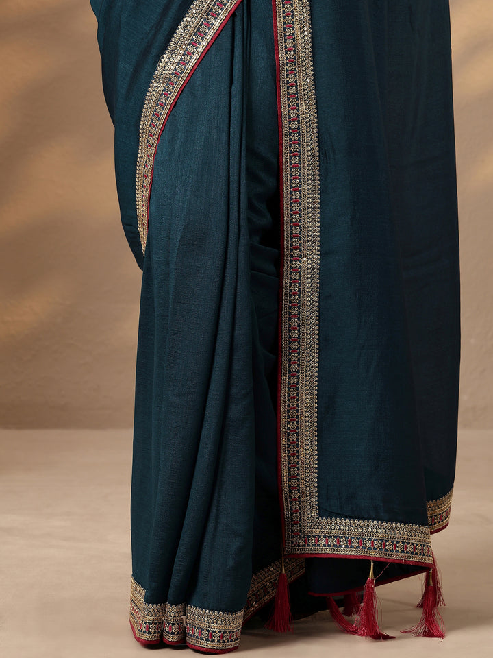 Navy Blue Solid Silk Blend Saree With Unstitched Blouse Piece