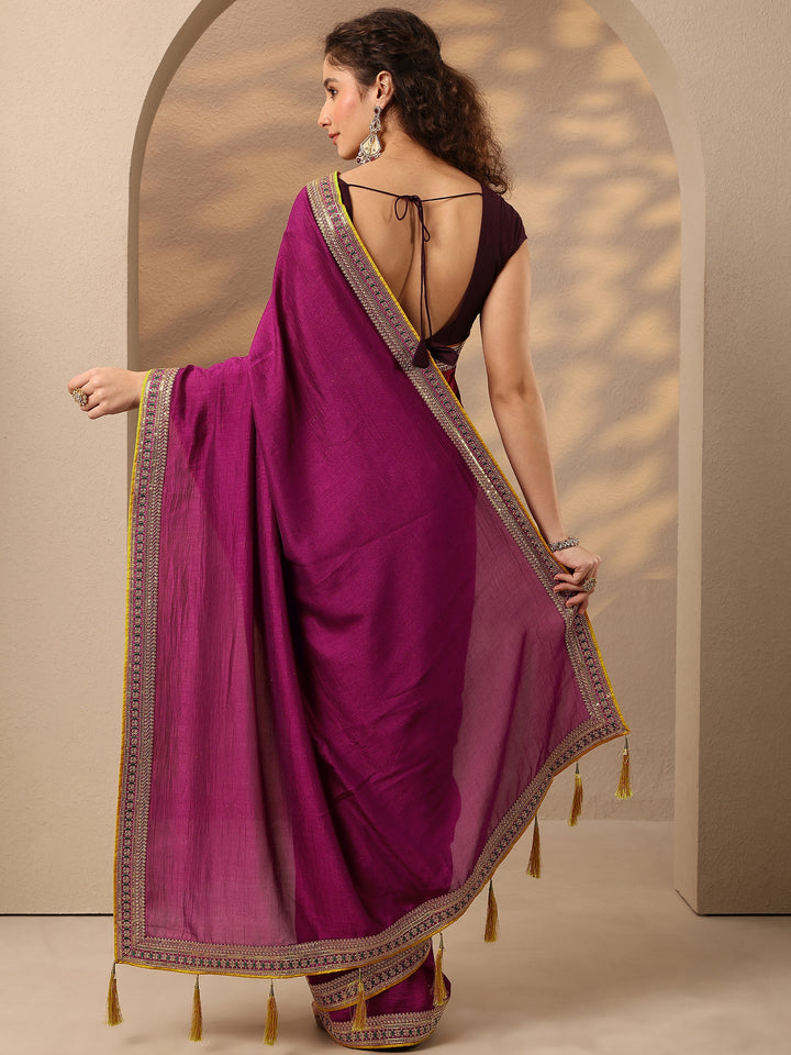 Magenta Solid Silk Blend Saree With Unstitched Blouse Piece
