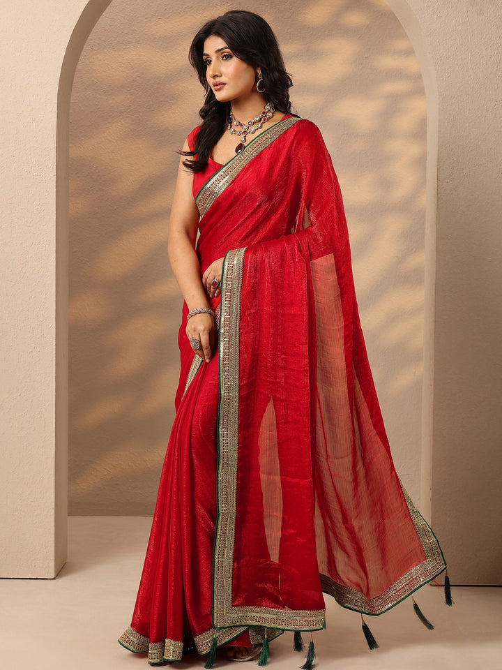 Red Solid Silk Blend Saree With Unstitched Blouse Piece