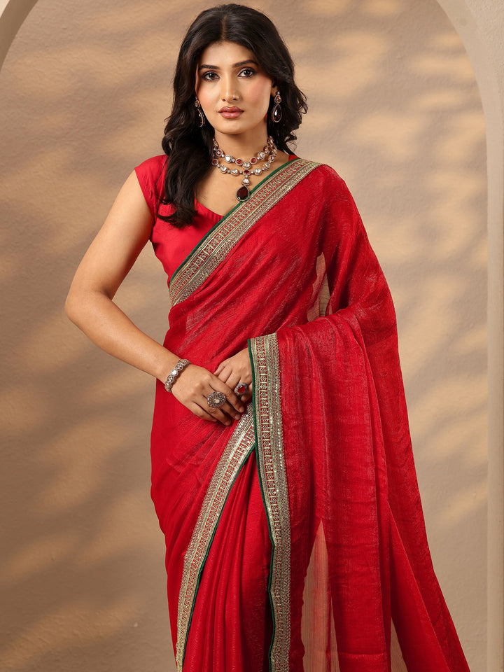Red Solid Silk Blend Saree With Unstitched Blouse Piece