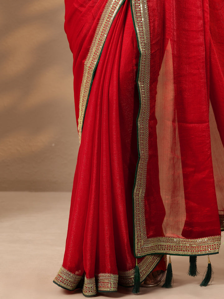 Red Solid Silk Blend Saree With Unstitched Blouse Piece