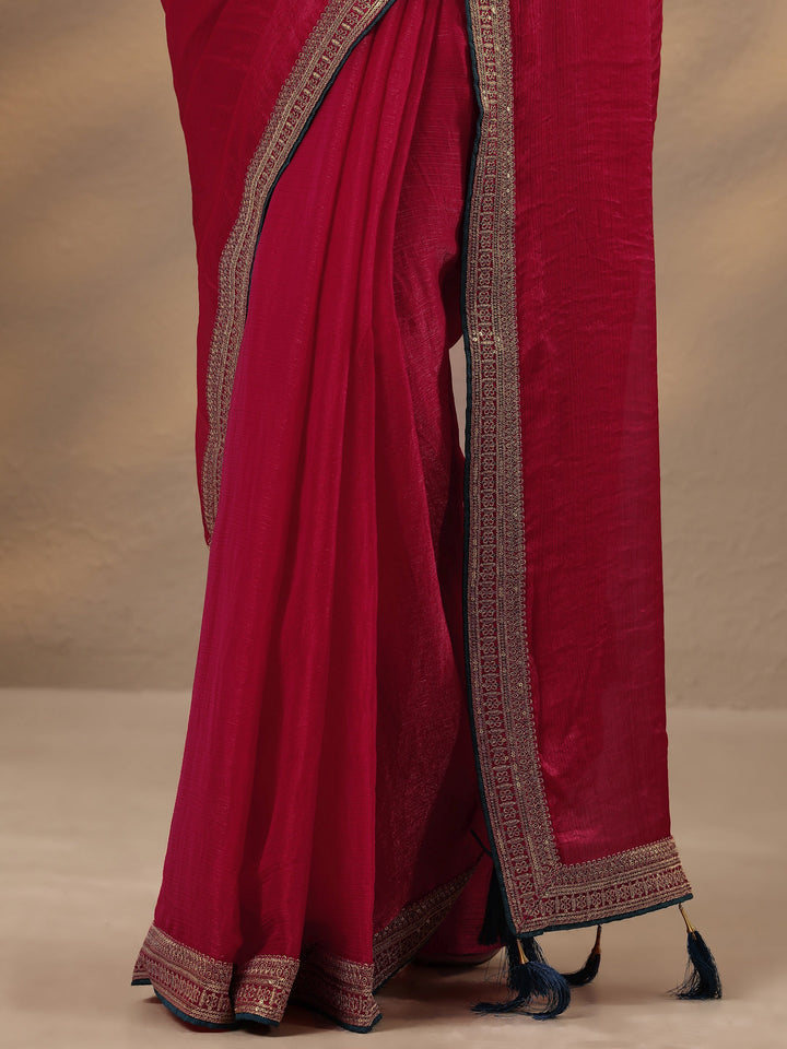 Pink Solid Silk Blend Saree With Unstitched Blouse Piece
