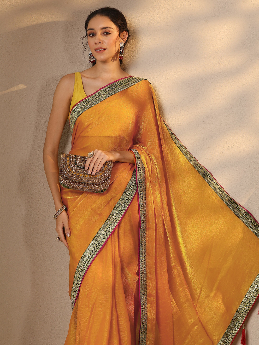 Mustard Solid Silk Blend Saree With Unstitched Blouse Piece