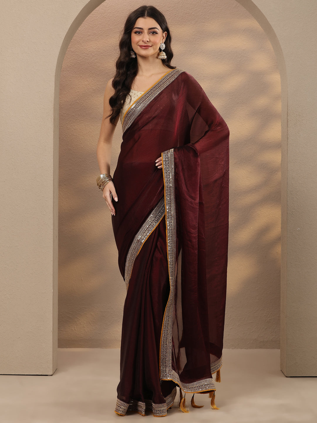 Burgundy Solid Silk Blend Saree With Unstitched Blouse Piece