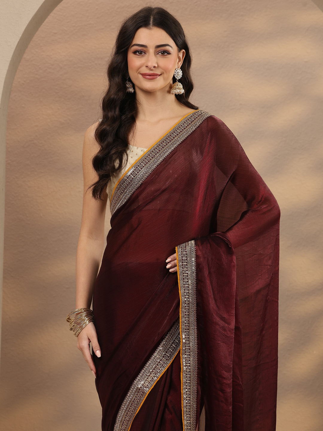 Burgundy Solid Silk Blend Saree With Unstitched Blouse Piece