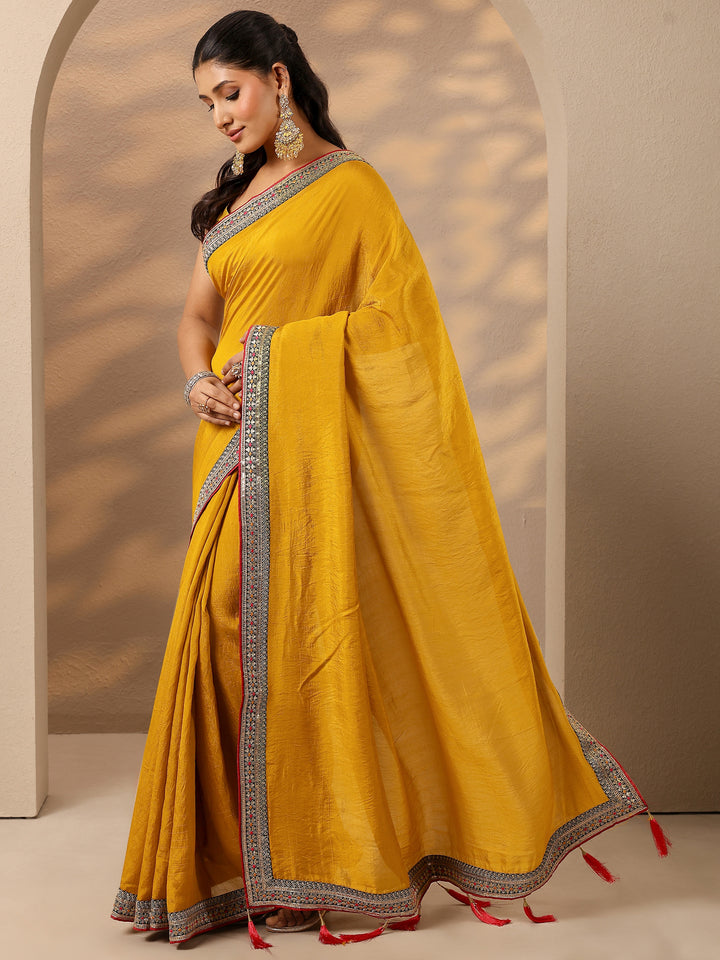 Yellow Solid Silk Blend Saree With Unstitched Blouse Piece