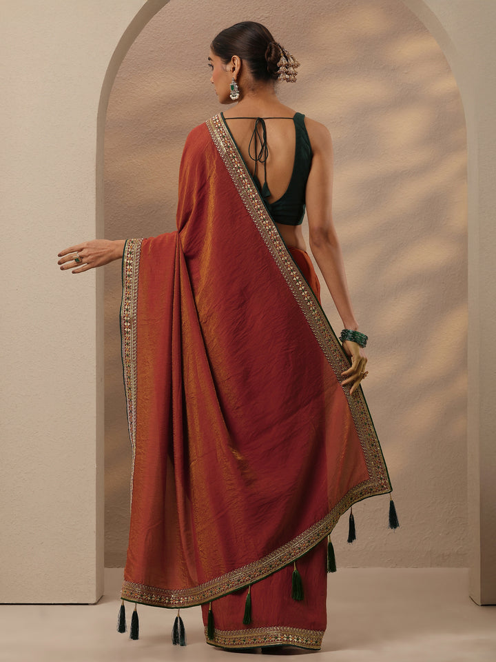 Red Solid Silk Blend Saree With Unstitched Blouse Piece